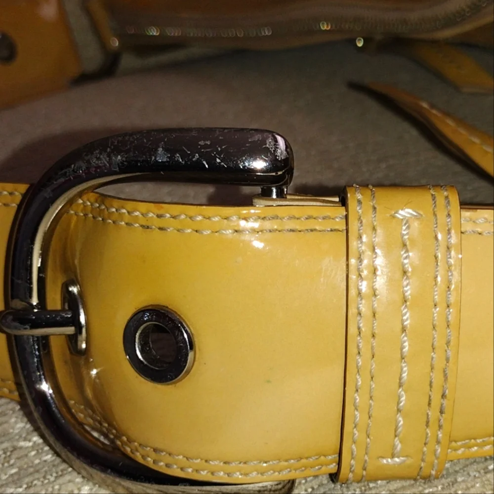 Large Coach Jacquard & Patent Leather Shoulder Bag Floral Applique Tan Yellow